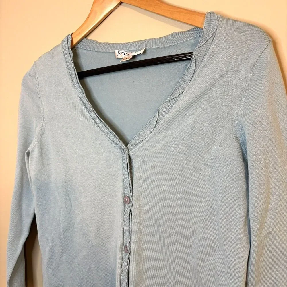 Pendleton Women’s Cardigan Silk Blend Button Down Light Blue V Neck Petite Small